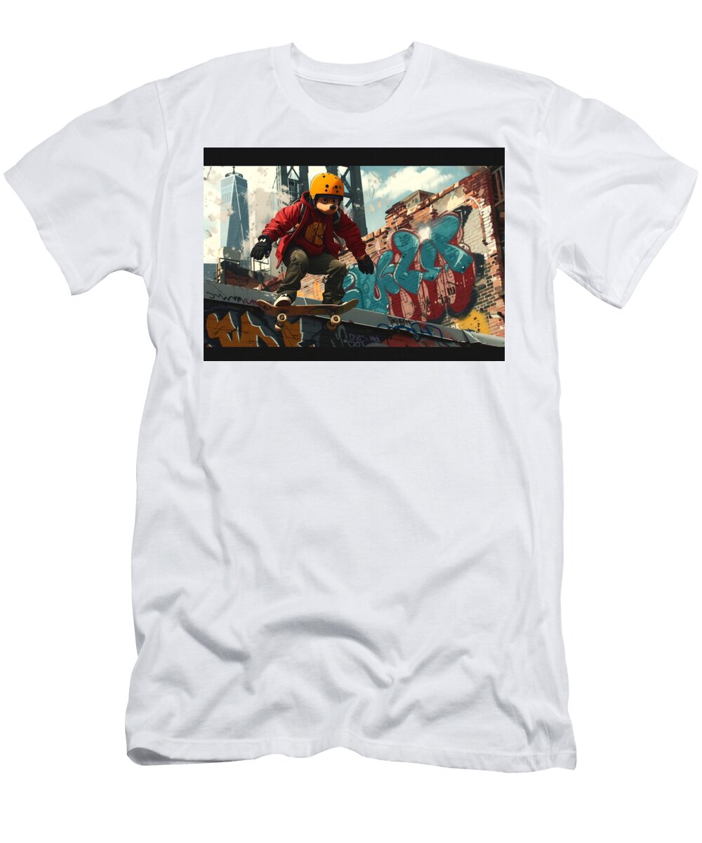 Cartoon Skateboarding in Urban Art Fun Cartoonish Figures Skateboarding Through Cityscapes Rhys Jacobson T-Shirt