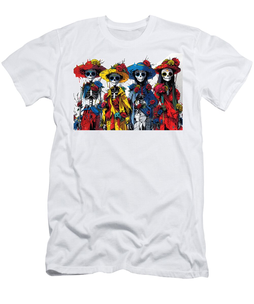 Cartoonish Day of the Dead Figures Fun Cartoon Style Figures Celebrating Day of the Dead Rhys Jacobson T-Shirt