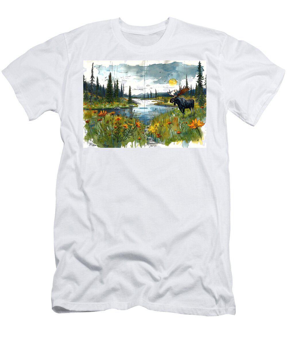 Cartoonish Moose Adventures a Whimsical Moose Exploring Cartoonish Landscapes Rhys Jacobson T-Shirt