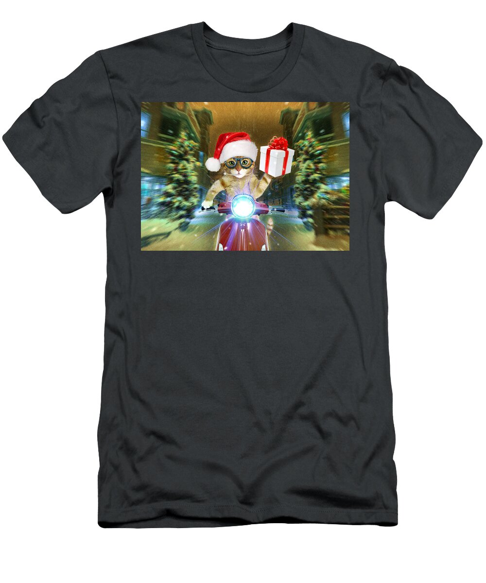 Cat in the Santa Claus Hat Delivers Christmas Gifts Johnnie Art T-Shirt