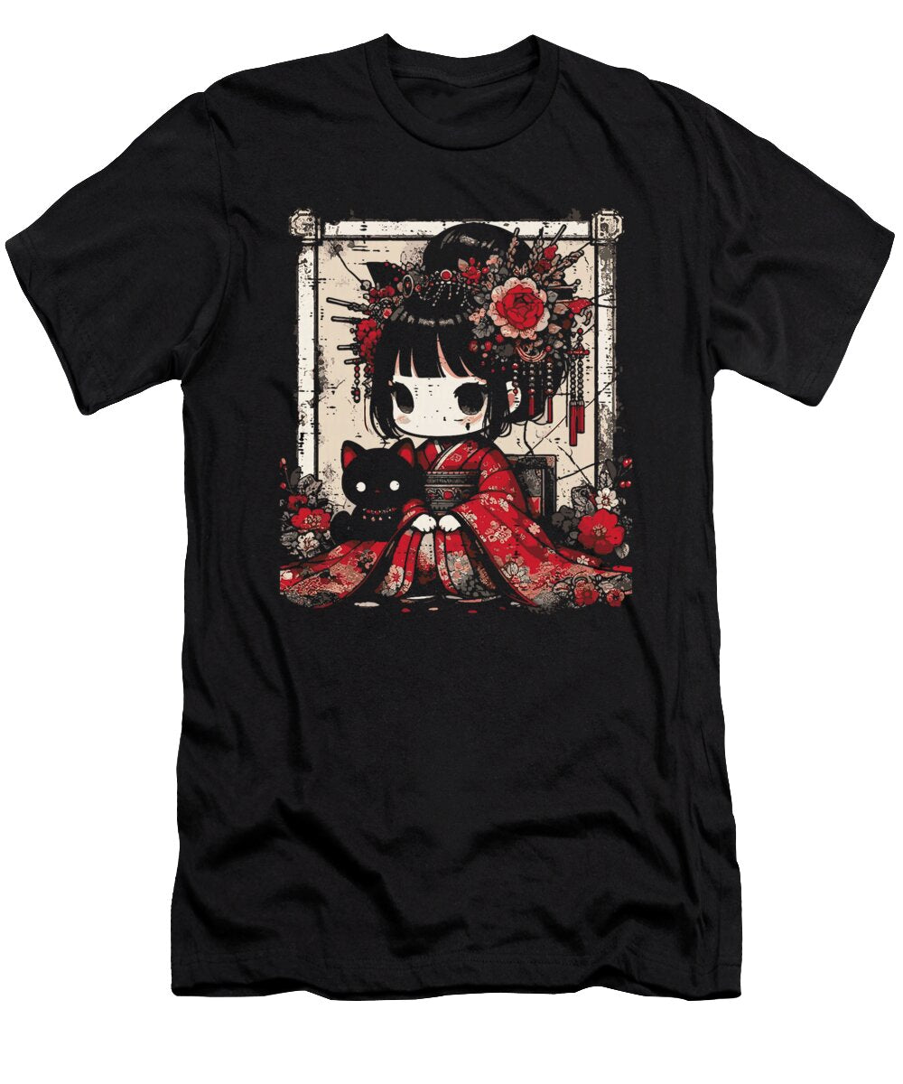 Chibi Kimono Girl Black Cat Flowers Japanese Art Zyneu Gangd T-Shirt