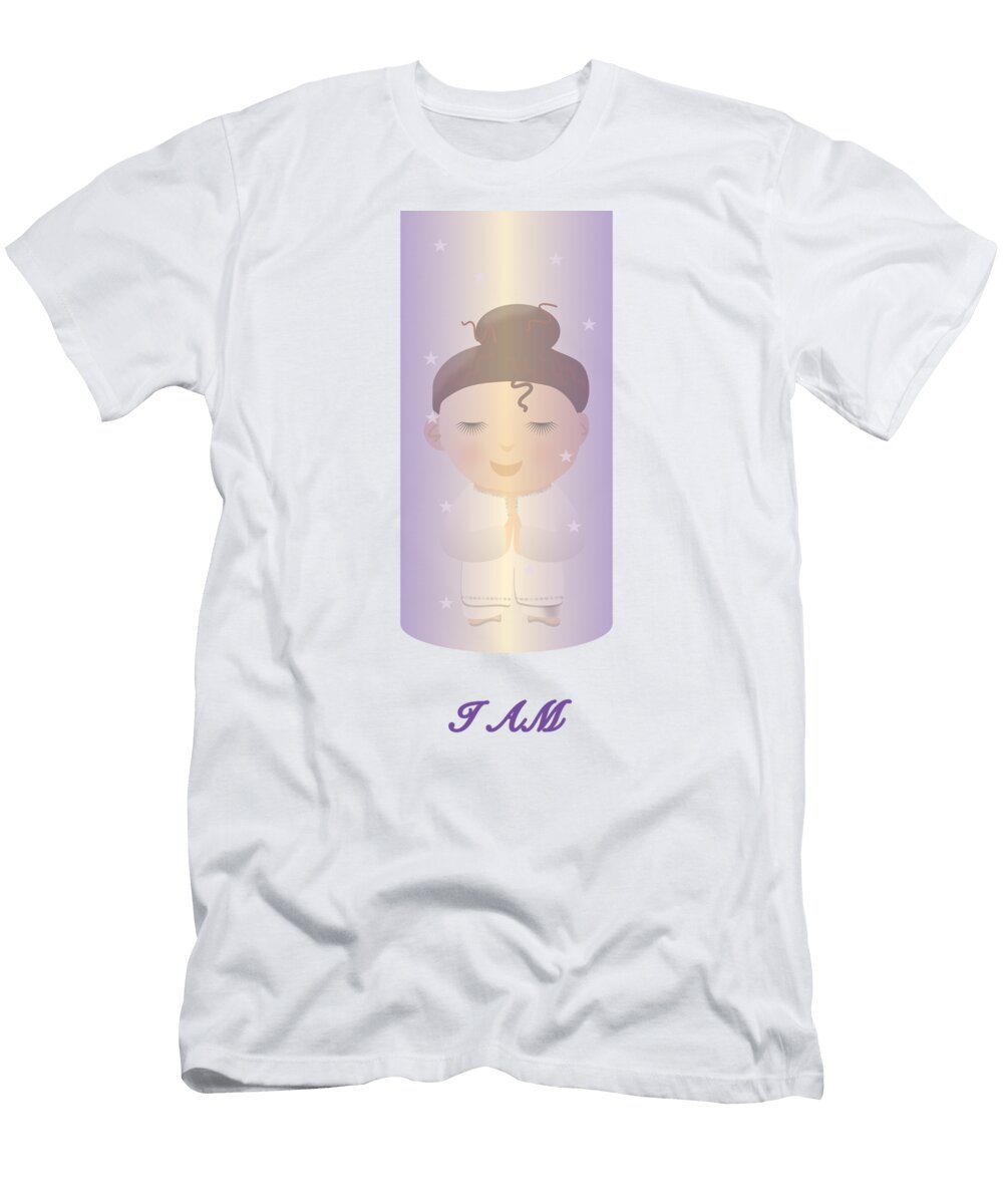 Chibi Praying Girl Yogi Meditating in Violet Flame with I Am Text Barefoot Bodeez Art T-Shirt
