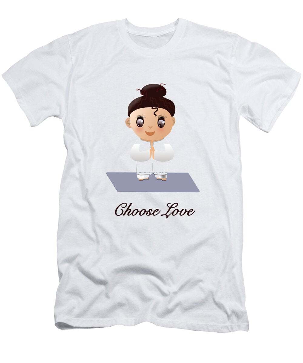 Chibi Praying Girl Yogi Meditating on a Yoga Mat with Choose Love Text Barefoot Bodeez Art T-Shirt