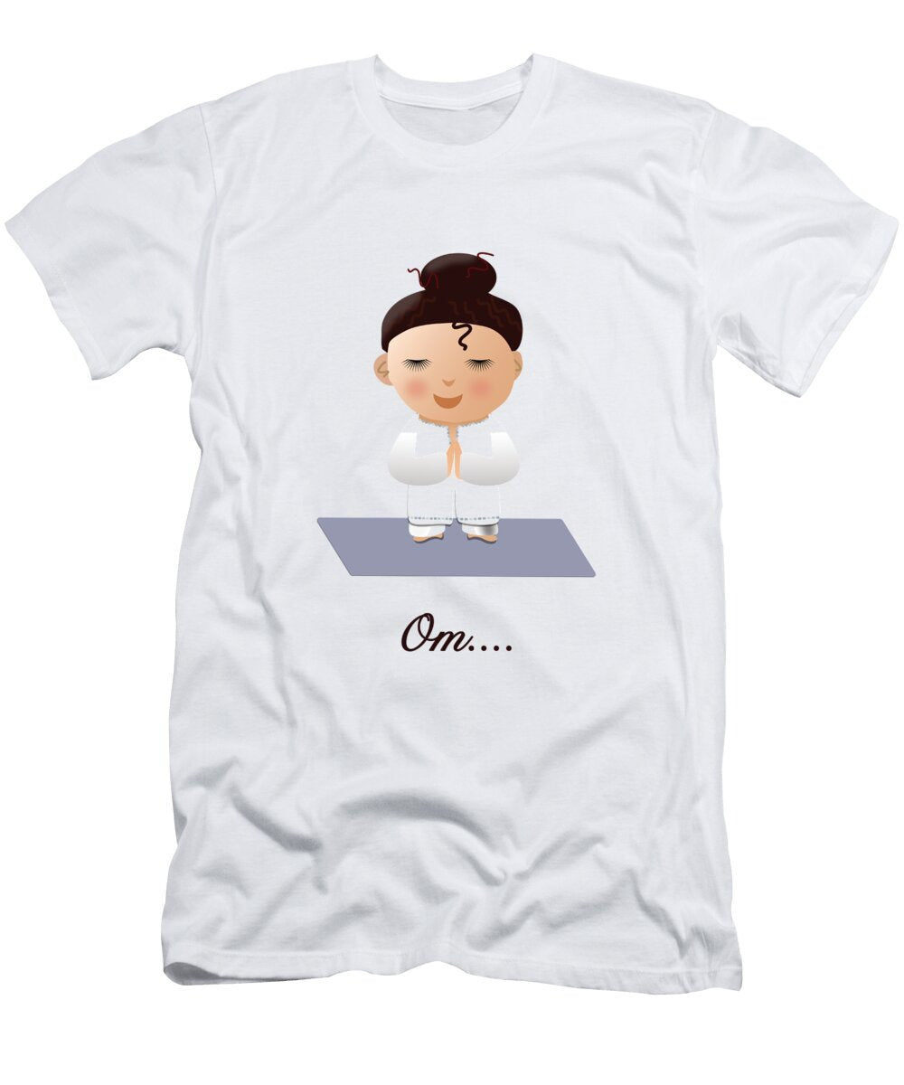 Chibi Praying Girl Yogi Meditating on a Yoga Mat with Om Text Barefoot Bodeez Art T-Shirt