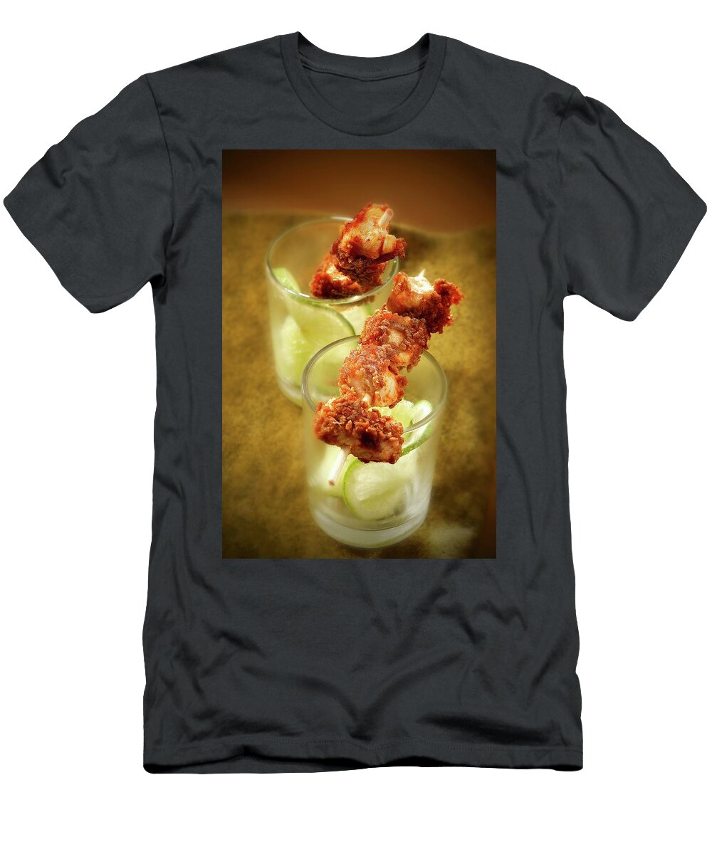 Chicken Nuggets Coated in Crushed Cereals En Brochette with Lime Perrin T-Shirt