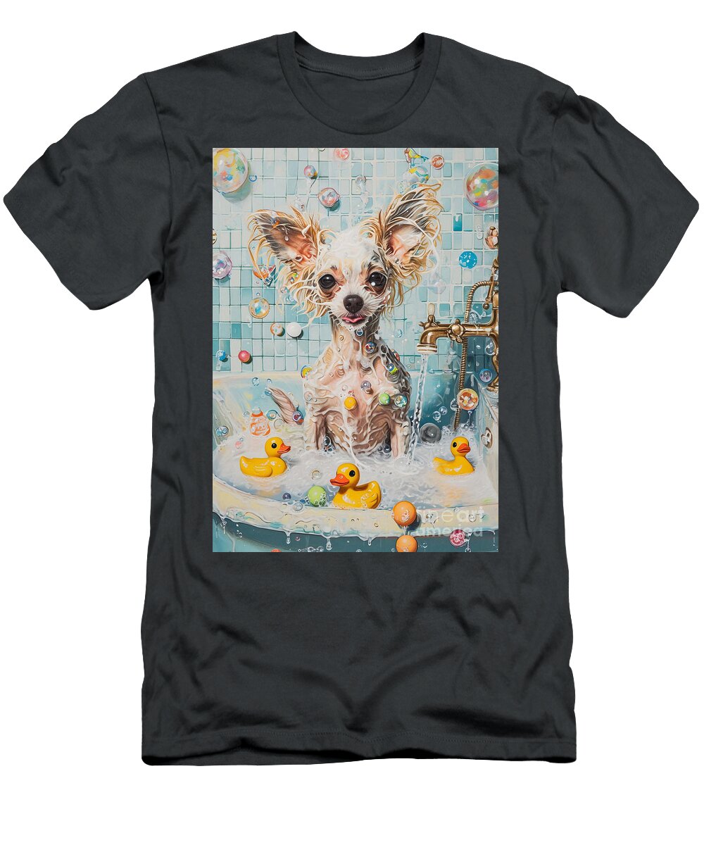 Chinese Crested Dog Frolicking in a Bubbly Bathtub Adrien Efren T-Shirt