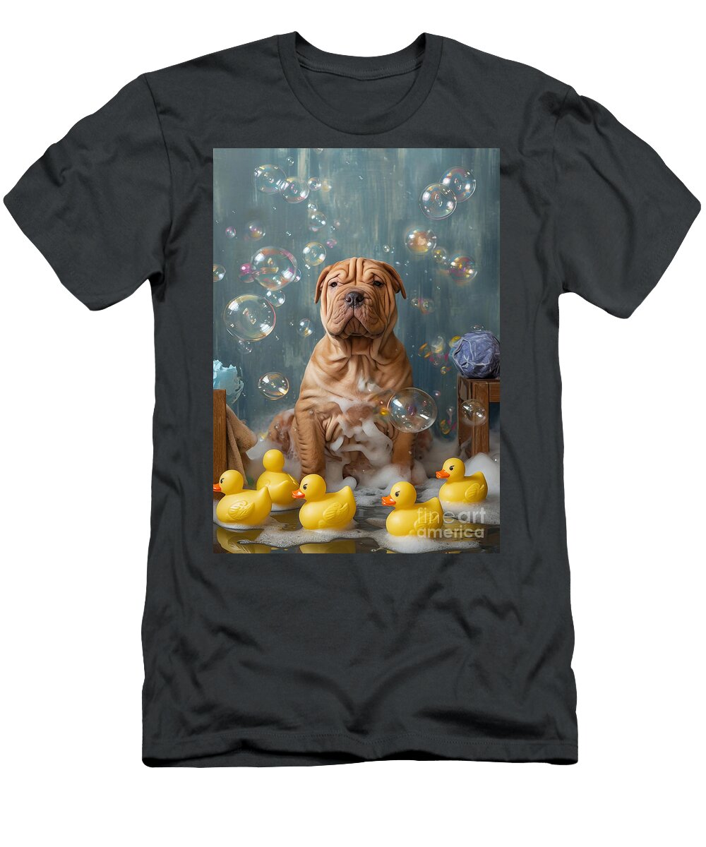 Chinese Shar Pei Dog Frolicking in a Bubbly Bathtub Adrien Efren T-Shirt