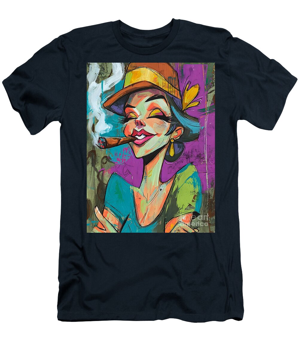 Cigar and Sass Playful Caricature of a Joyful Woman with Blue Hair and Bold Style Olfactoart Studio T-Shirt