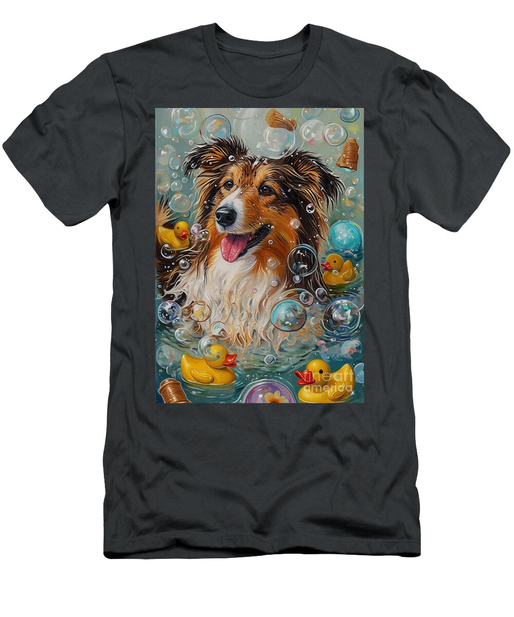 Collie Dog Enjoying a Bubbly Bath Adrien Efren T-Shirt