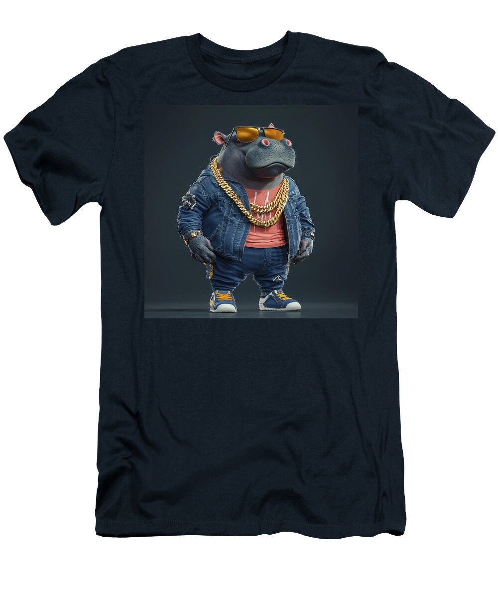 Cool Stylish Hippo Wearing a Denim Jacket Gold Chains and Sun Maverick Junk T-Shirt