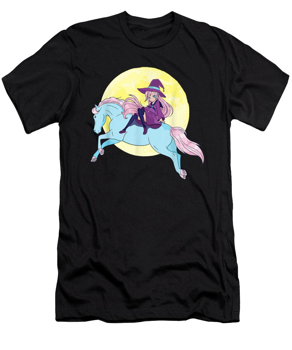 Courageous Attractive Anime Witch Riding Horse Moon Kawaii Pastel Goth Girl Teens Retro Wave Ezone Prints T-Shirt