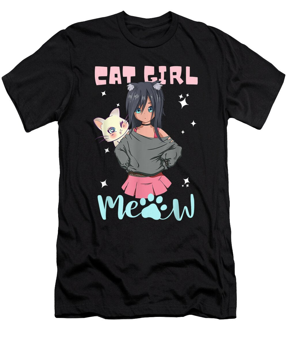 Courageous Good Cat Girl Anime with Kitty Ears Meow Kawaii Clothes Teens Retro Ezone Prints T-Shirt
