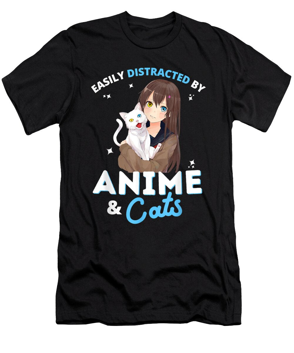Courageous Lucky Kawaii Anime Girl Easily Distracted By Anime and Cats Teens Retro Ezone Prints T-Shirt
