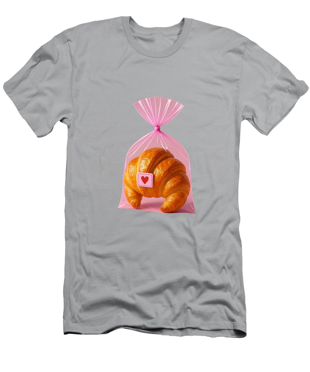 Croissant in Love Whimsical French Pastry Art in a Pink Gift Bag Ibrahim Haron T-Shirt