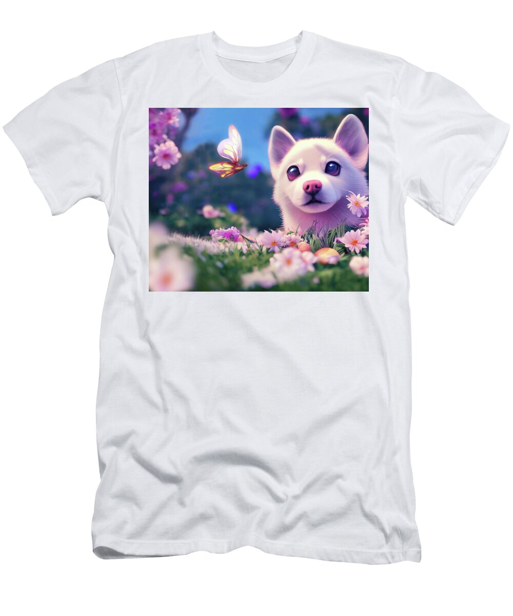 Cute and Adorable Cartoon Fluffy Baby Husky Dog in the Meadows Wit Butterfly Mr Sizsus T-Shirt