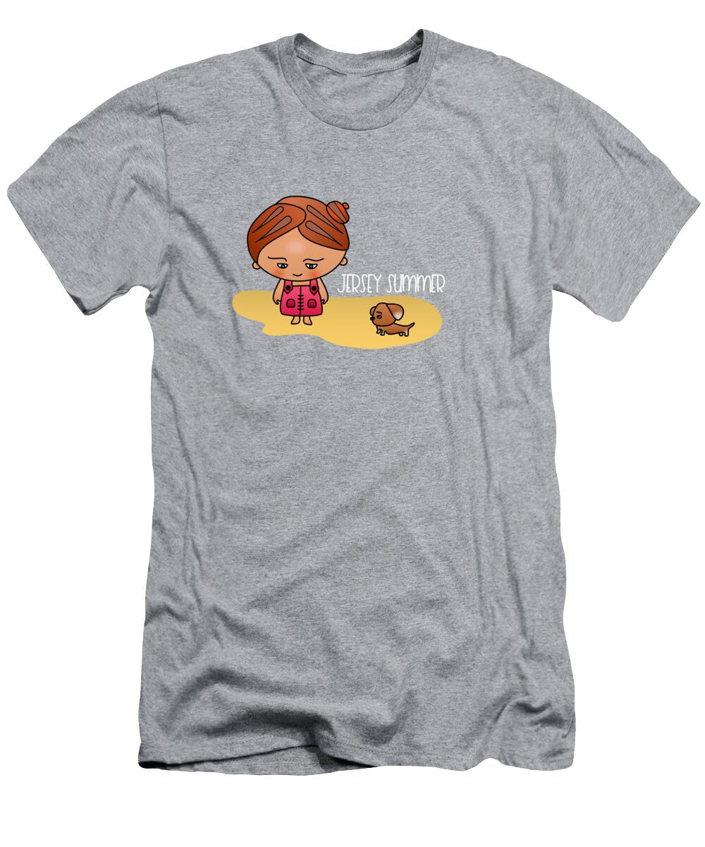 Cute Chibi Girl and Dog At the Beach in Jersey Summer No Background Barefoot Bodeez Art T-Shirt