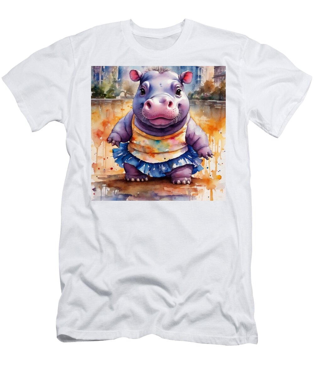 Cute Chibi Hippo Wearing a Tutu Watercolor Drawing Funny Cartoon for Kids Baby Boy Mounir Khalfouf T-Shirt