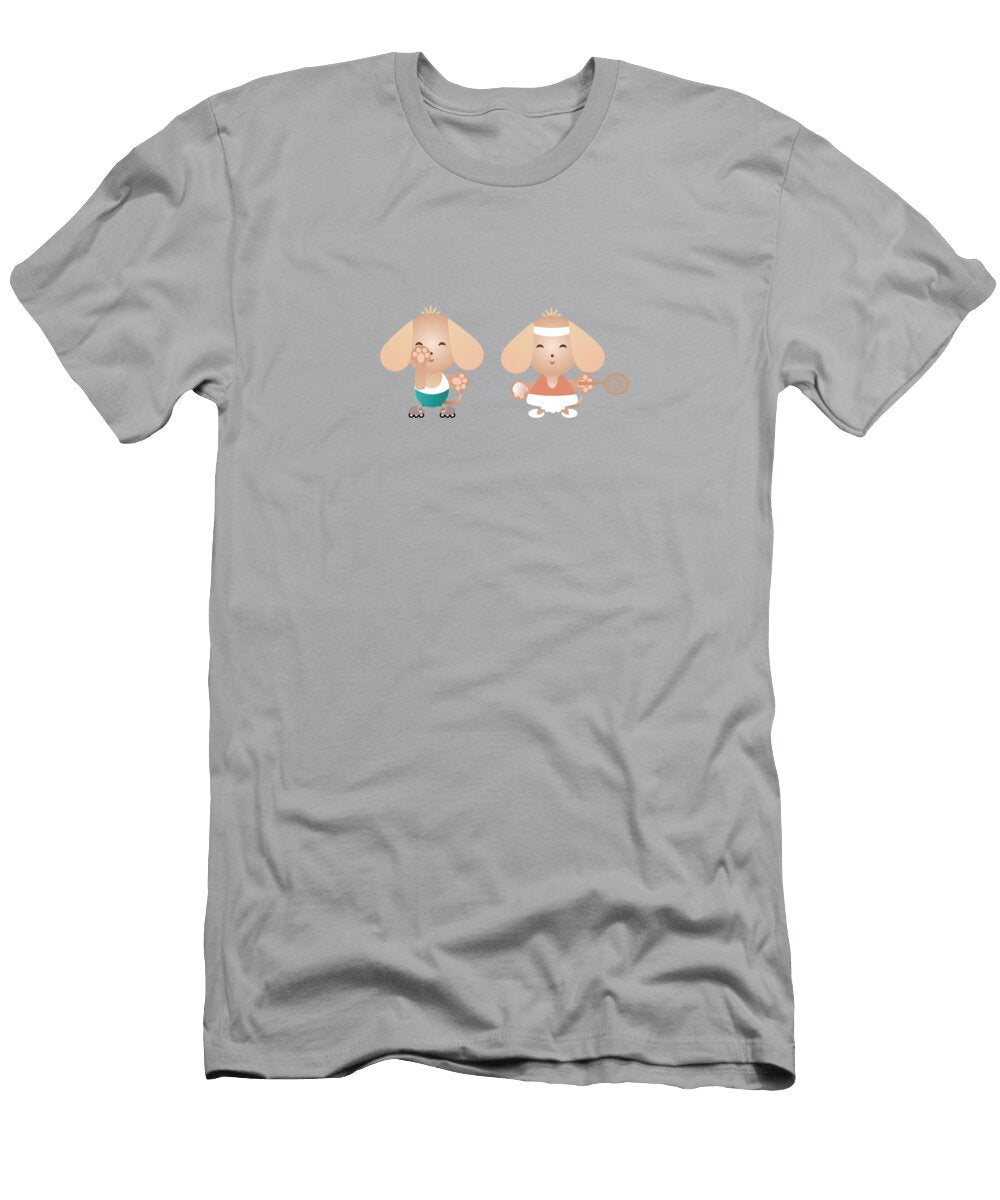 Cute Chibi Puppy Sporty Couple Skating and Playing Tennis Barefoot Bodeez Art T-Shirt