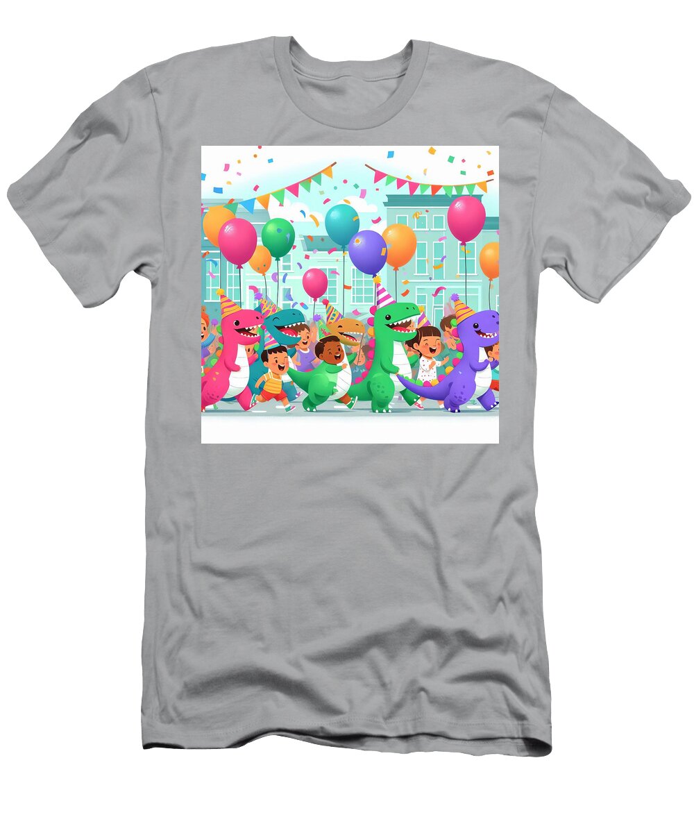 Cute Dinosaur and Children Birthday Parade with Balloons and Confetti Cartoon Illustration Talha Khan T-Shirt