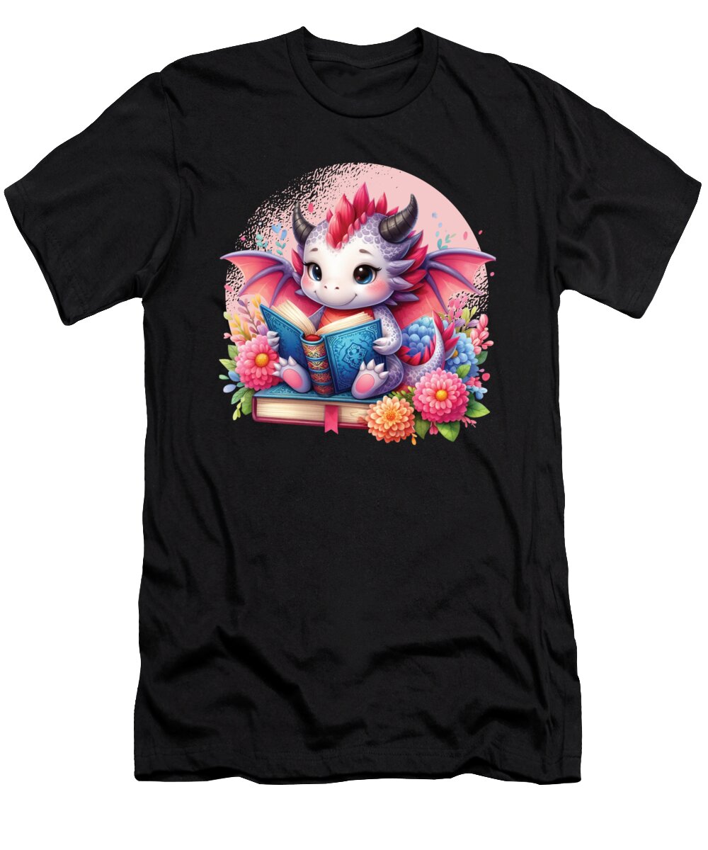 Cute Dragon Reading Books Flowers Reader Me T-Shirt