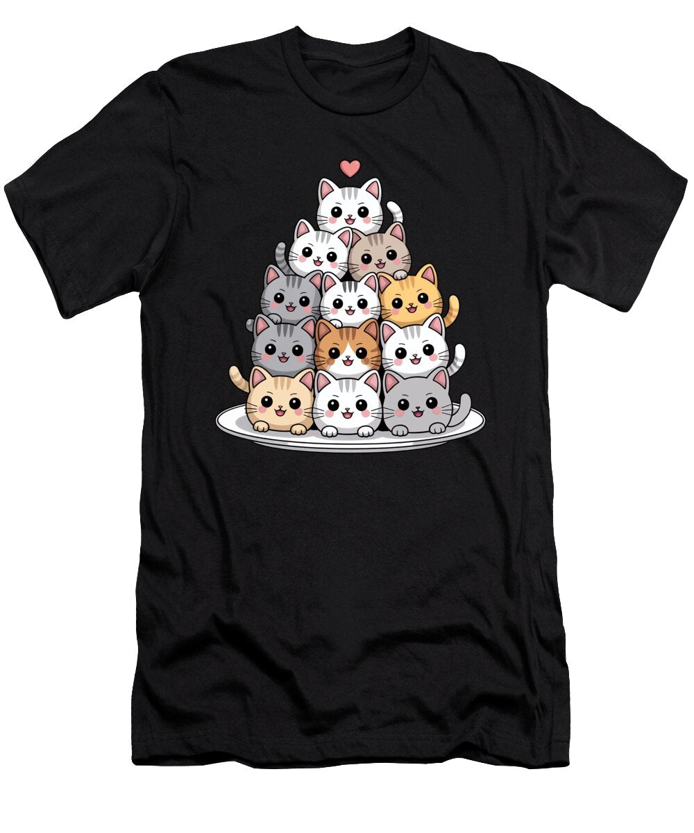 Cute Kawaii Cat Pile with Heart Moon T-Shirt
