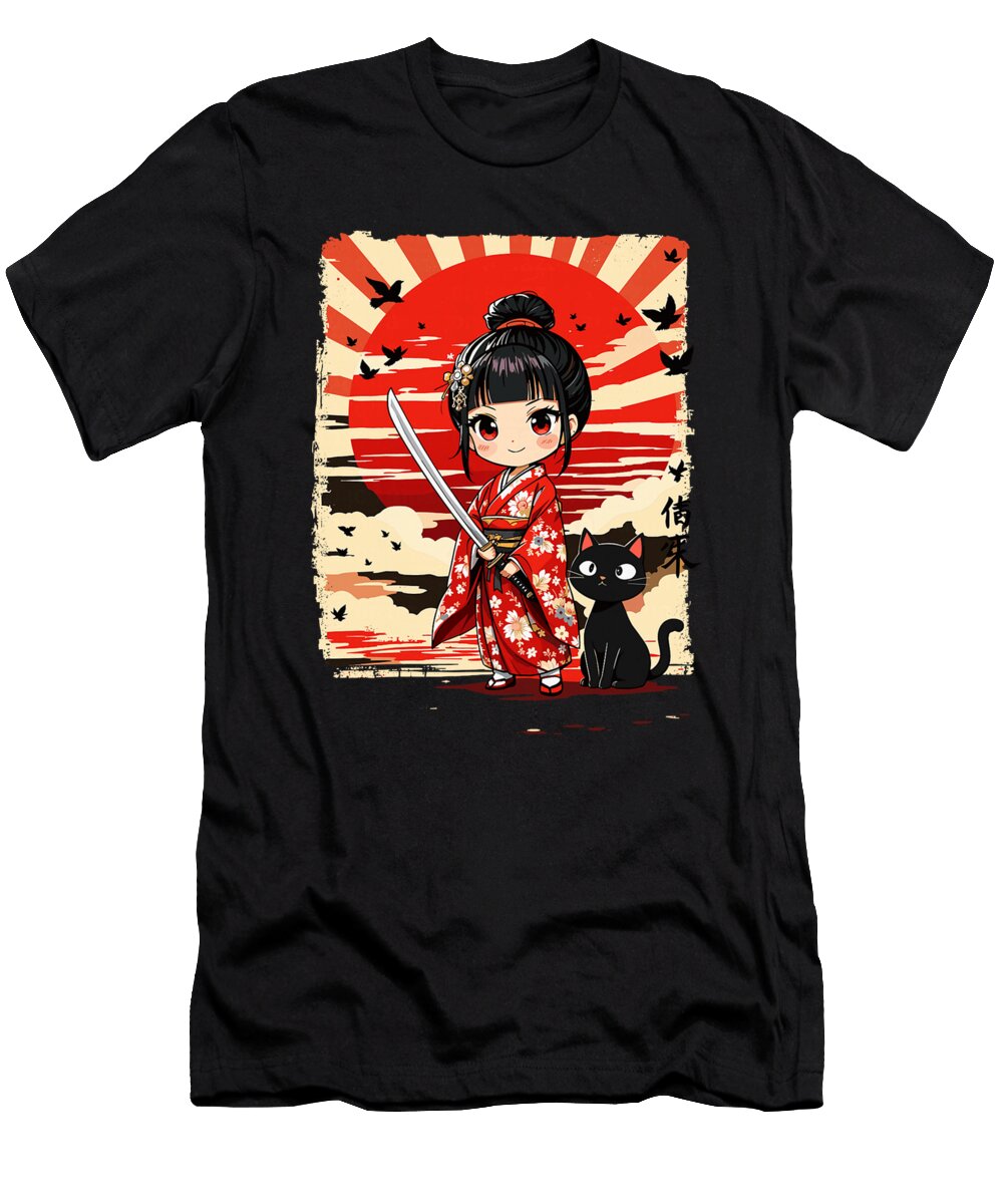 Cute Kawaii Samurai Girl and Cat Japanese Anime Zyneu Gangd T-Shirt