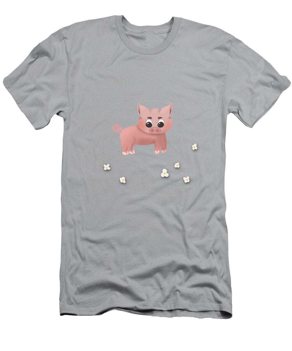 Cute Pink Chibi Piglet with Daisies Barefoot Bodeez Art T-Shirt