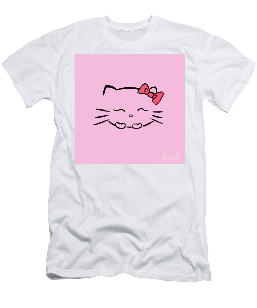 Cute Smiling Hello Kitty Kawaii Character Illustration on Pink Awen Fine Art Prints T-Shirt