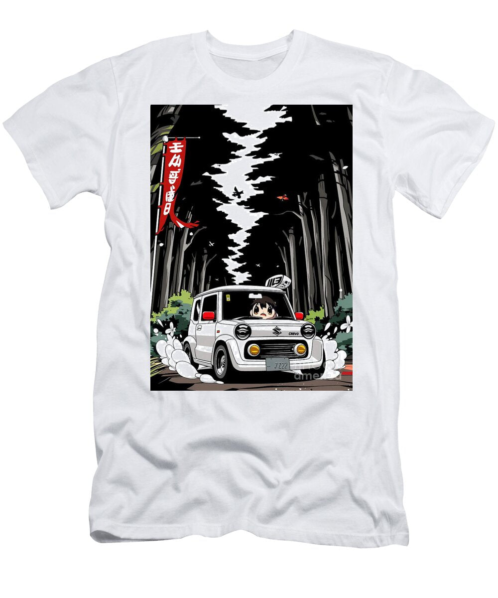 Cute Suzuki Cervo Toon Suzuki Cervo Driving Through Japanese Forest Illustration Lowell Harann T-Shirt