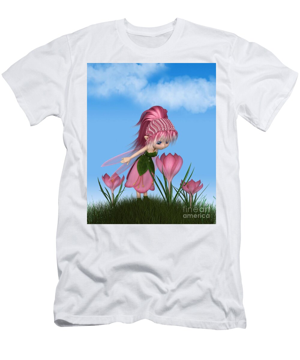 Cute Toon Pink Crocus Fairy on a Sunny Spring Day Fairy Fantasies T-Shirt