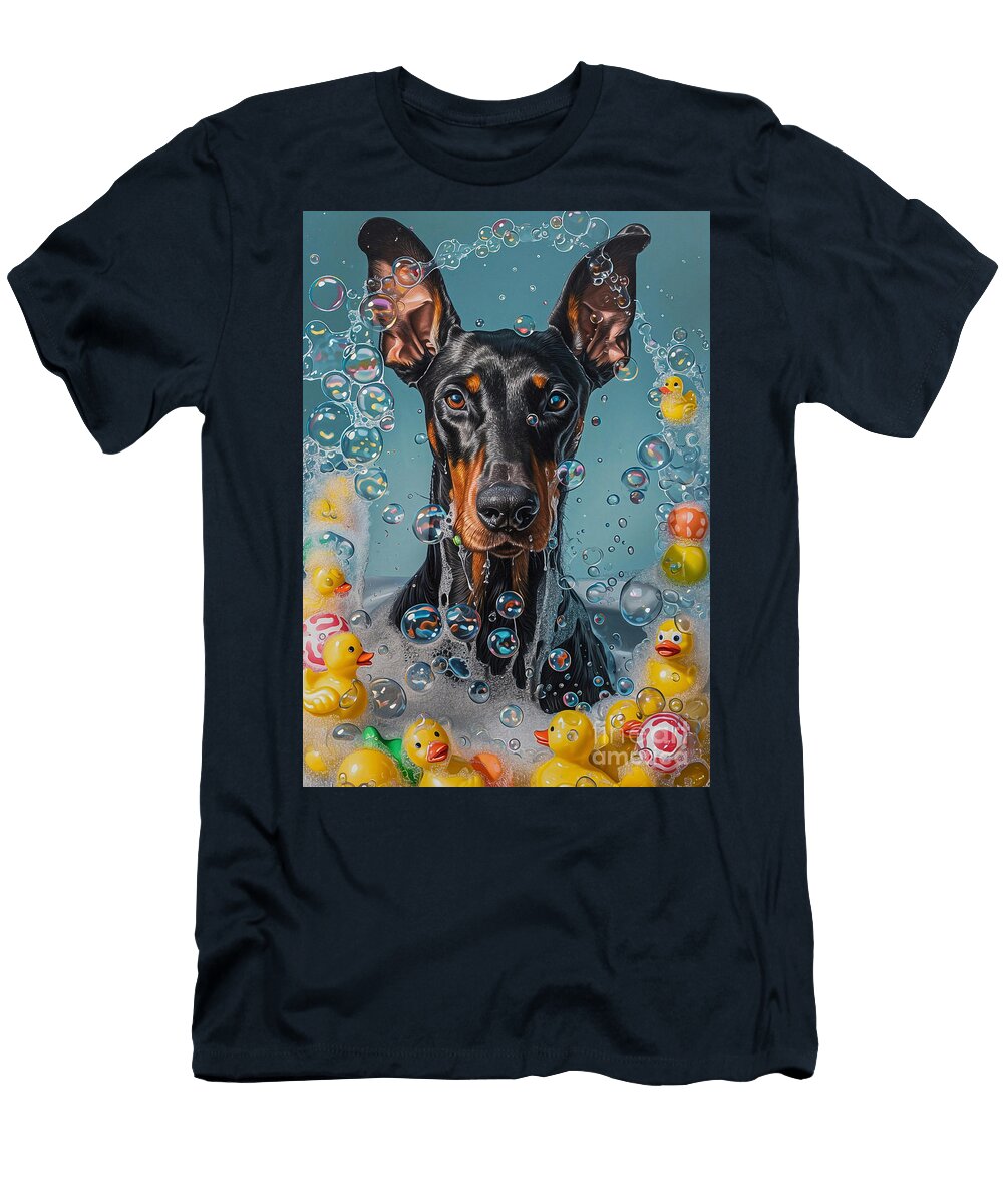 Doberman Pinscher Dog Frolicking in a Bubbly Bathtub Adrien Efren T-Shirt