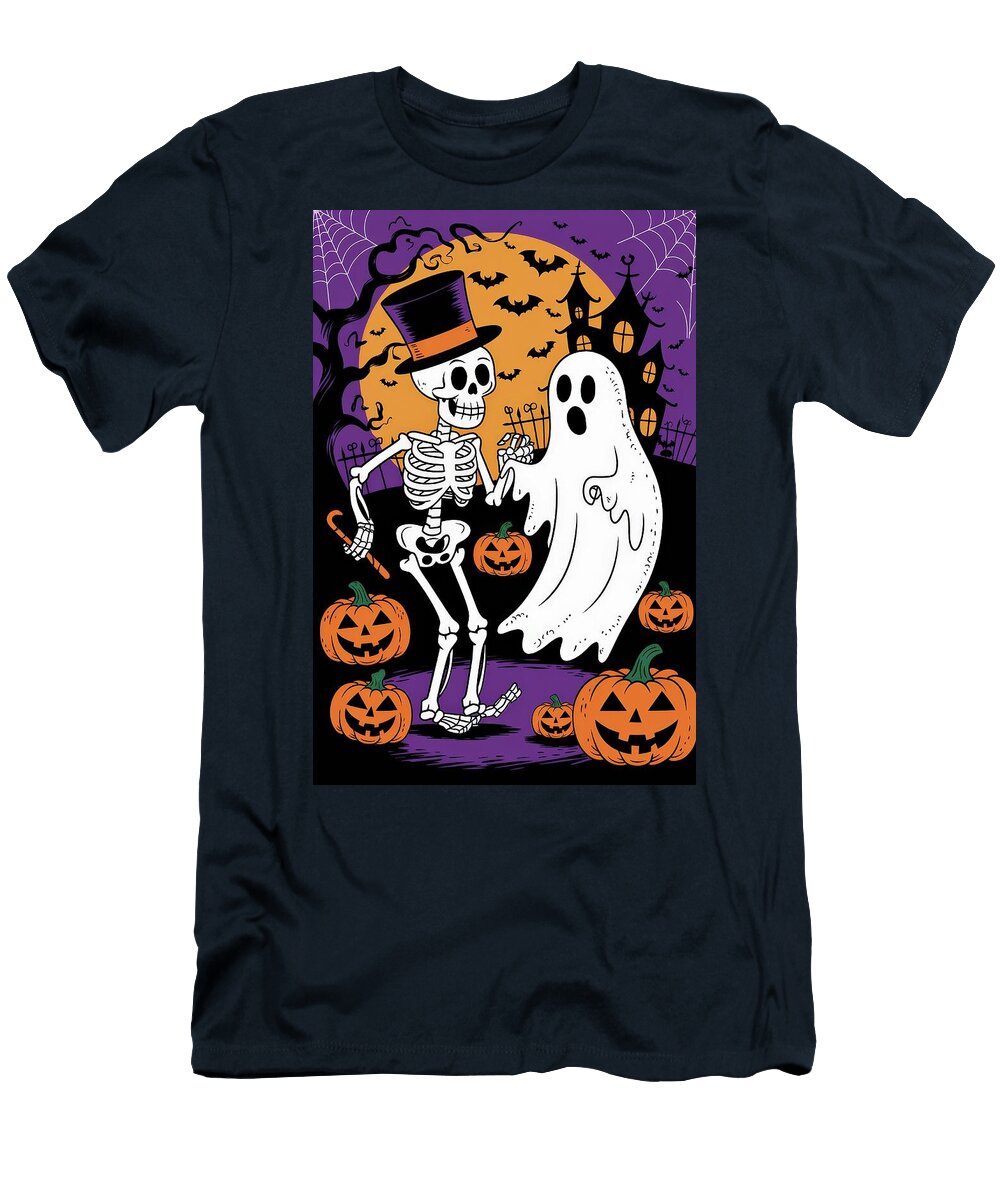 Dusk Halloween Fun with Skeleton and Ghost Ai Vidddie Publyshd T-Shirt