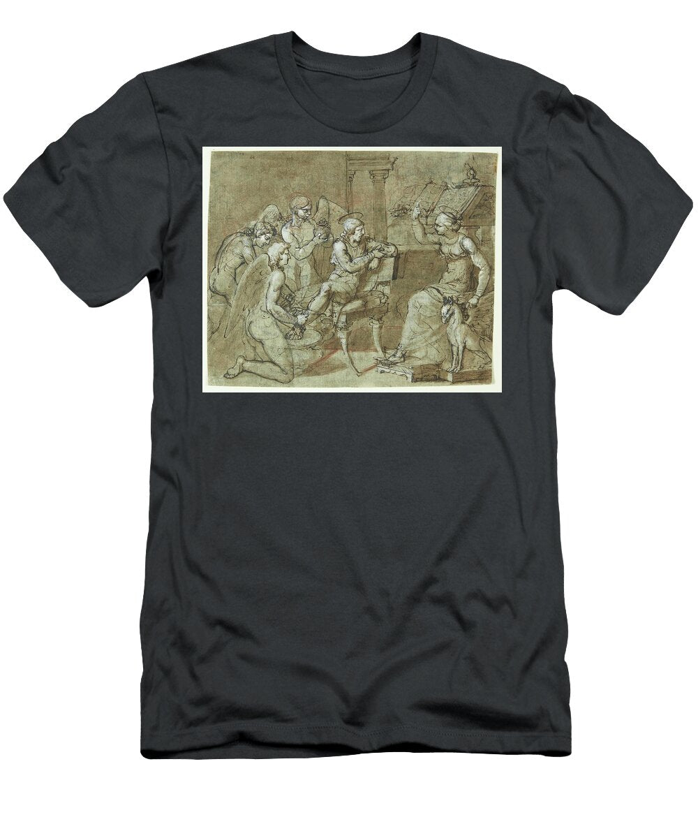 En Mandlig Helgen Vaskes Og Plejes Af Engle Mens Han Lytter Til En Kvindelig Helgen Der Sidder Foran Bartolommeo Letterini T-Shirt
