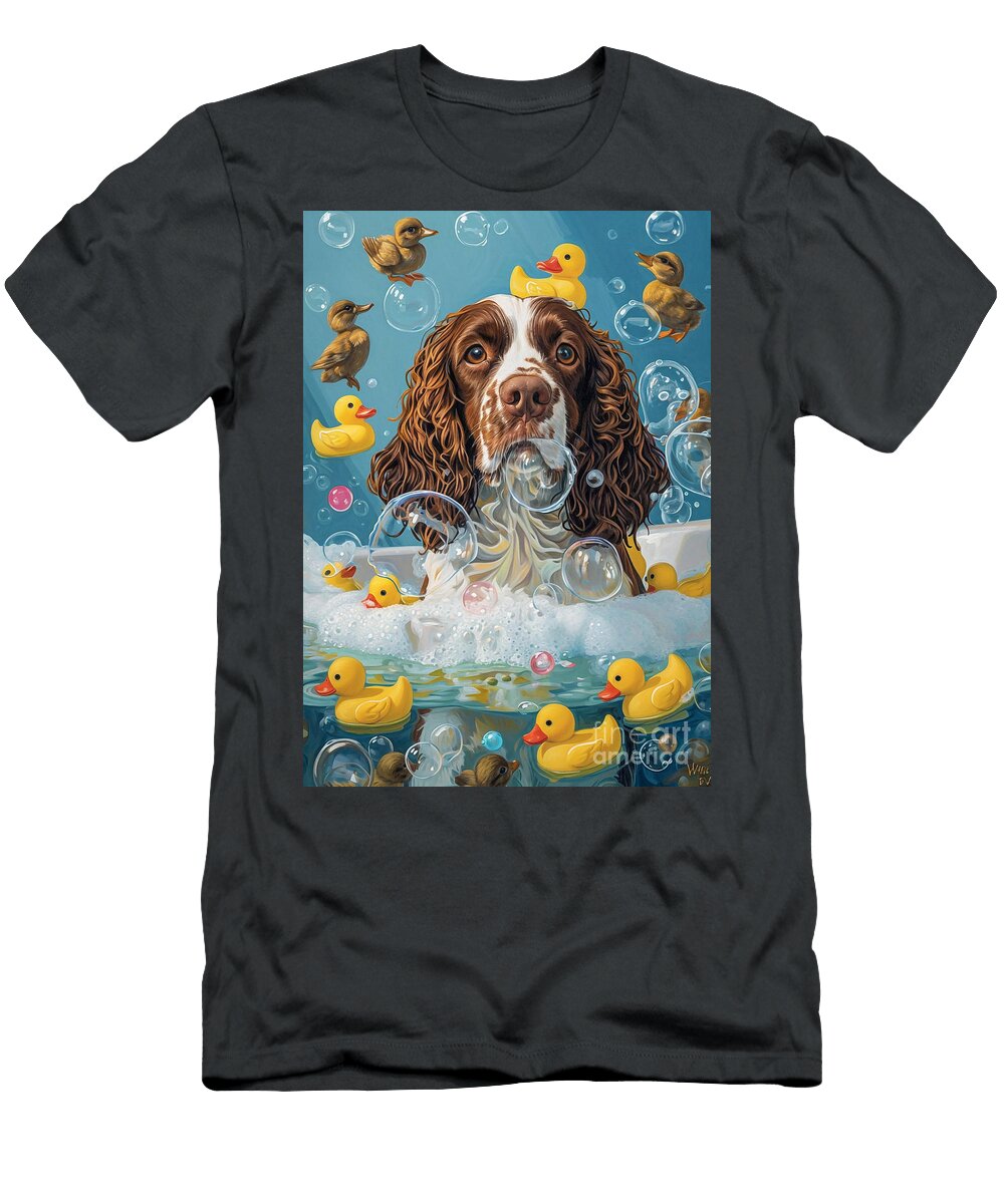 English Springer Spaniel Dog Frolicking in a Bubbly Bathtub Adrien Efren T-Shirt