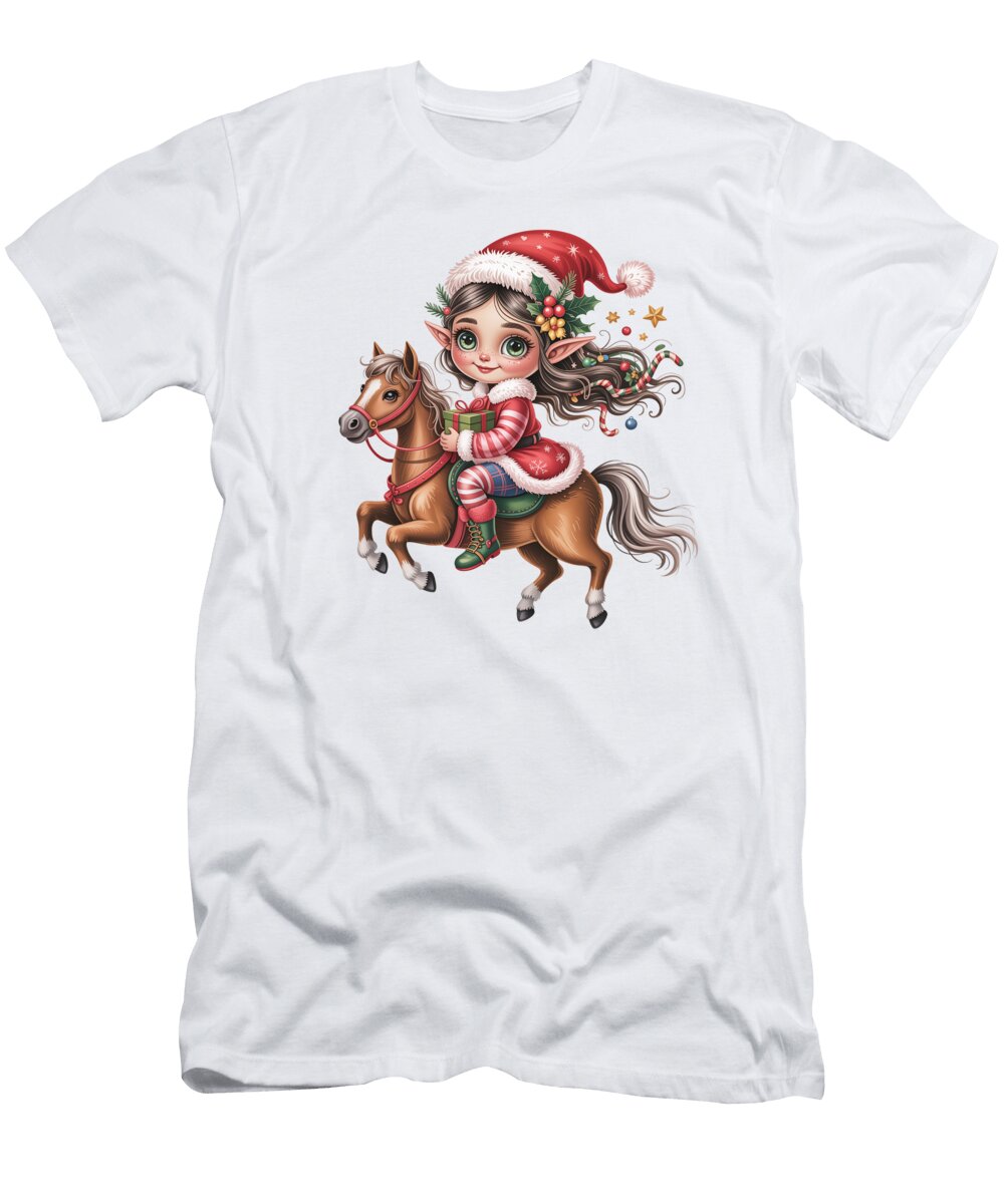 Festive Elf Riding a Toy Pony Joanna Redesiuk T-Shirt