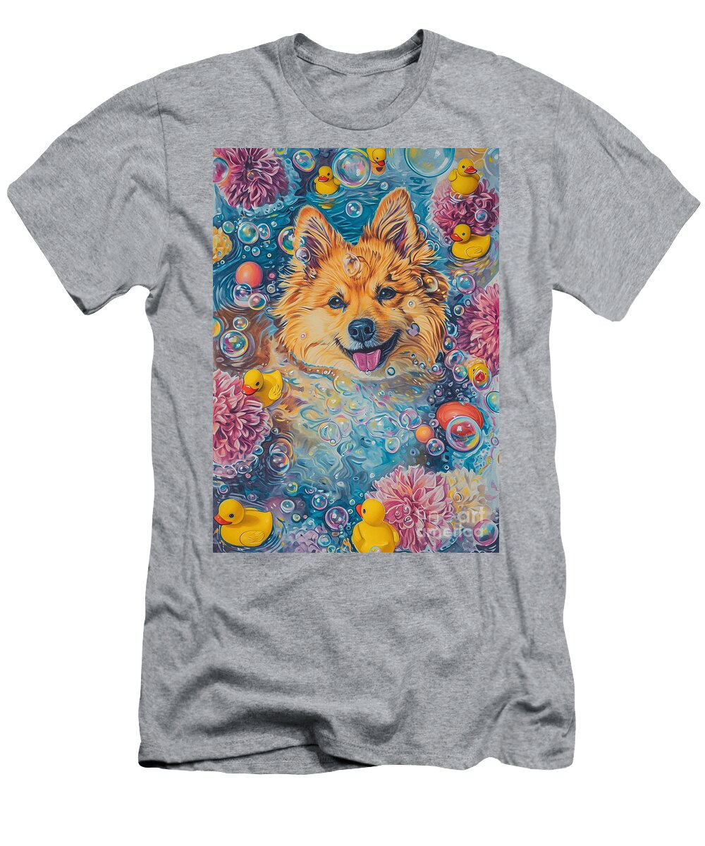 Finnish Spitz Dog Frolicking in a Bubbly Bathtub Adrien Efren T-Shirt