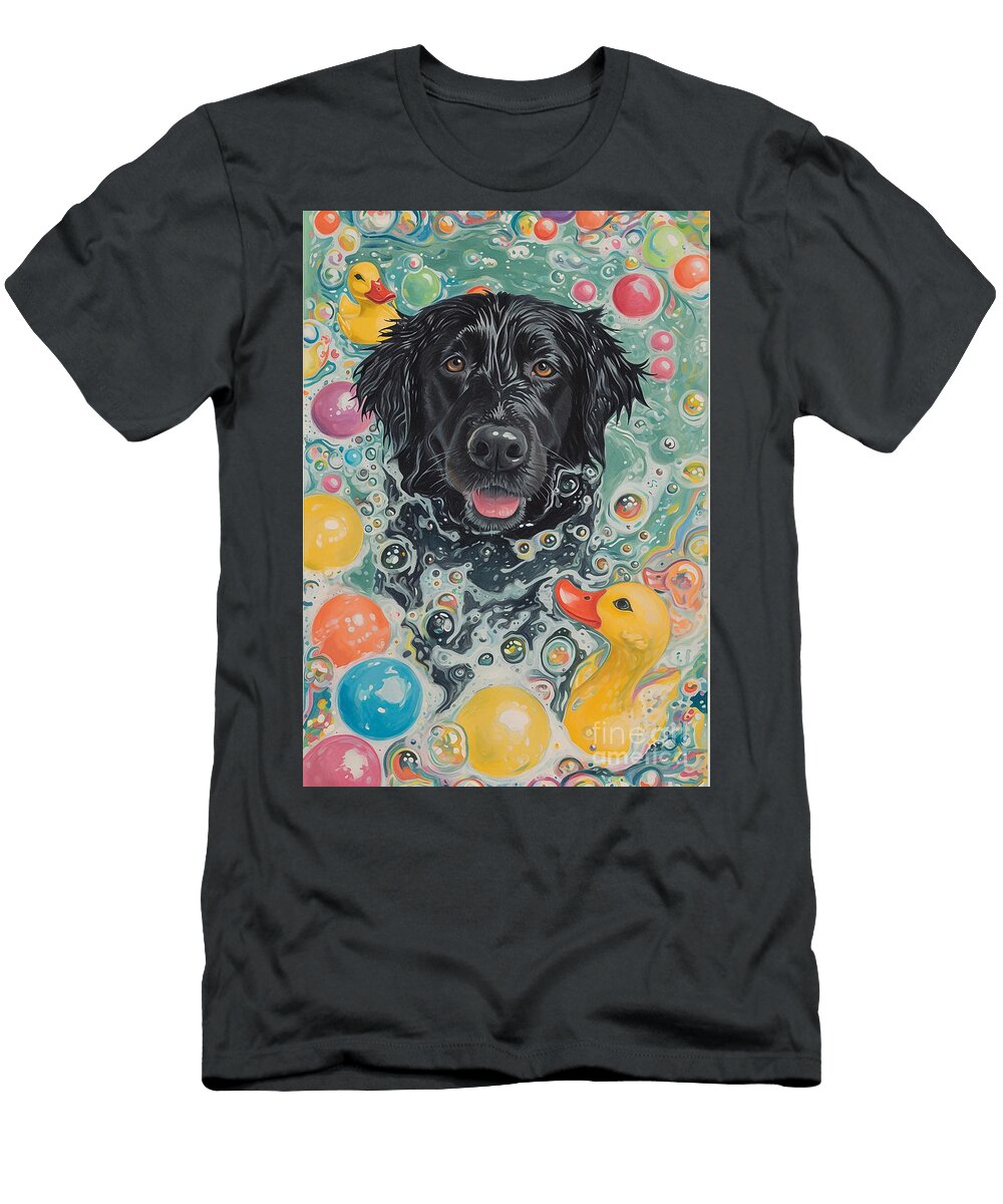 Flat Coated Retriever Dog Enjoying a Bubbly Bath Adrien Efren T-Shirt