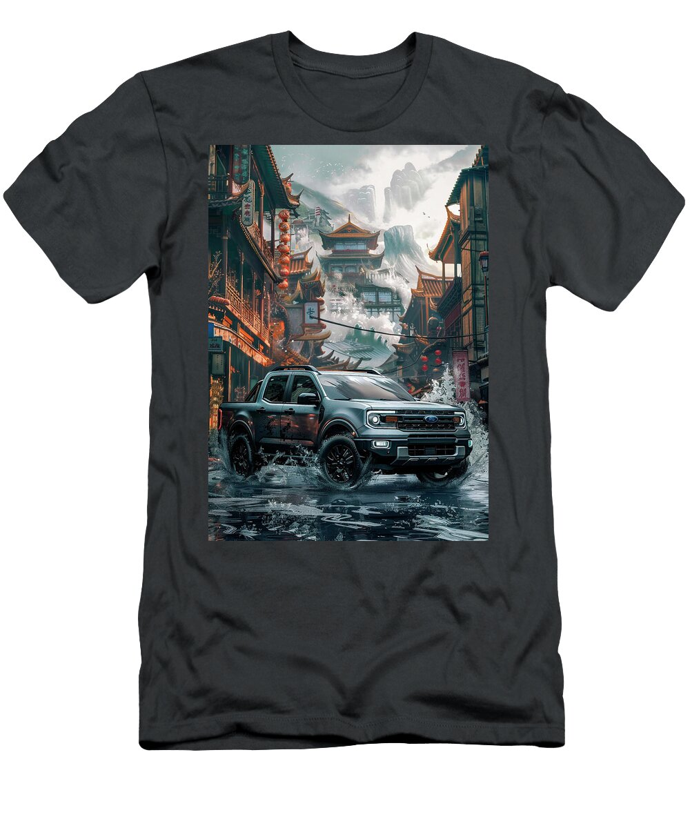 Ford Maverick Hybrid Ford Pickup Truck Driving Through a Chinese Cityscape Kari Goldfalse T-Shirt