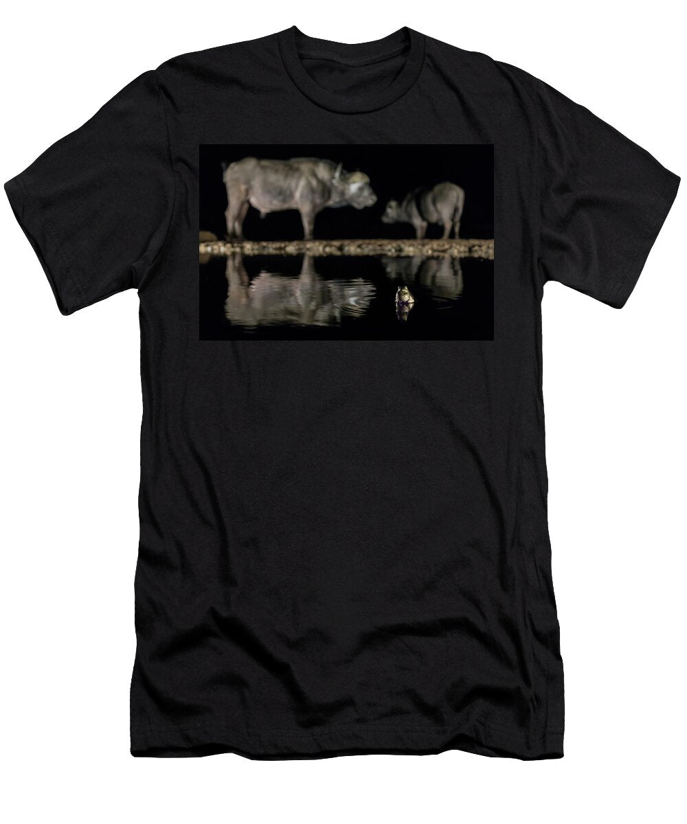 Frog in Waterhole At Night with Two Cape Buffalo in Ann Steve Toon Natureplcom T-Shirt
