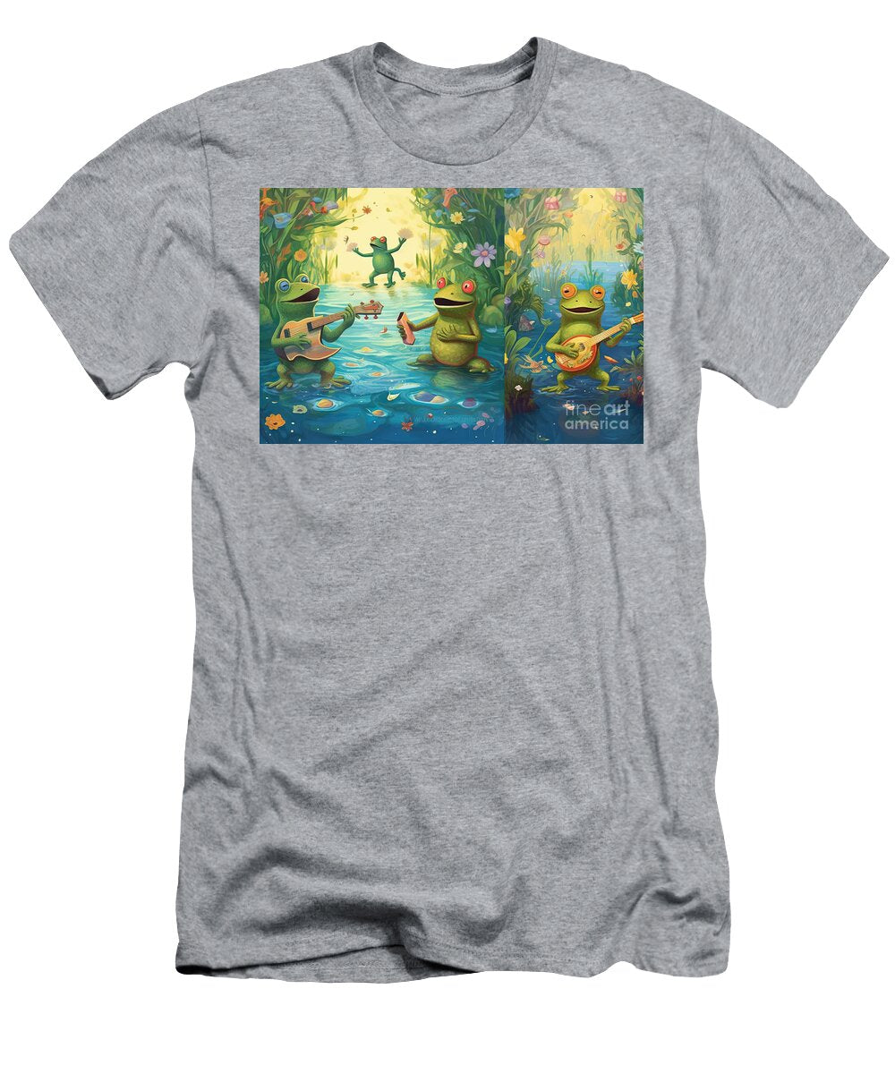 Frogs and Other Pond Animals Concert on the Lake Frog Playing Guitar and Singing Song Collection of Swamp Animals and Nature Background Fantasy Illustration for Children in Watercolor Style N Akkash T-Shirt