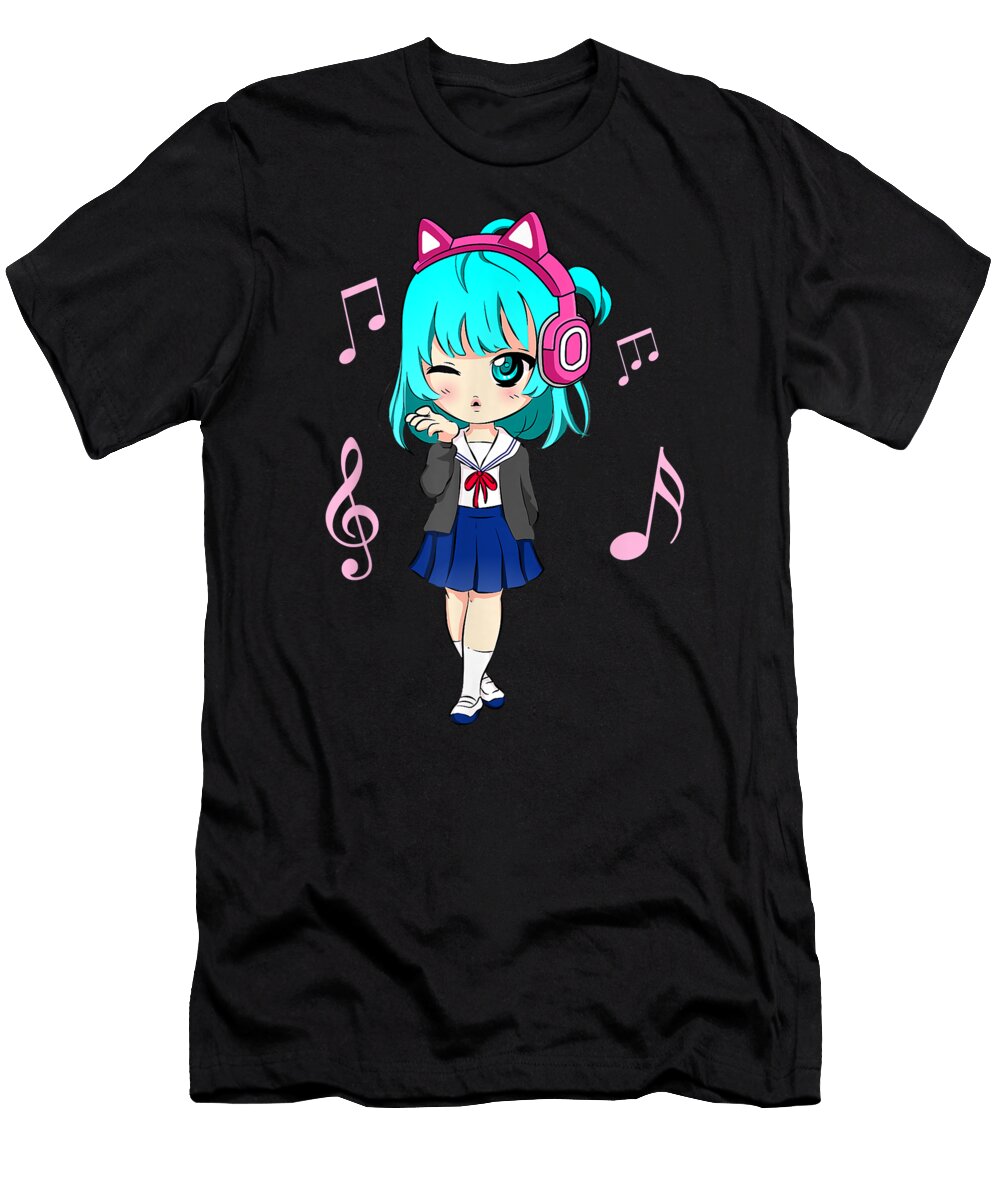Funny Anime and Music Girl for Teen Chibi Graphic Anime Girl Dnt Prints T-Shirt