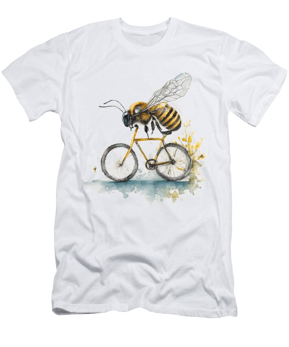 Funny Bee Riding a Bicycle Watercolor Drawing Mounir Khalfouf T-Shirt