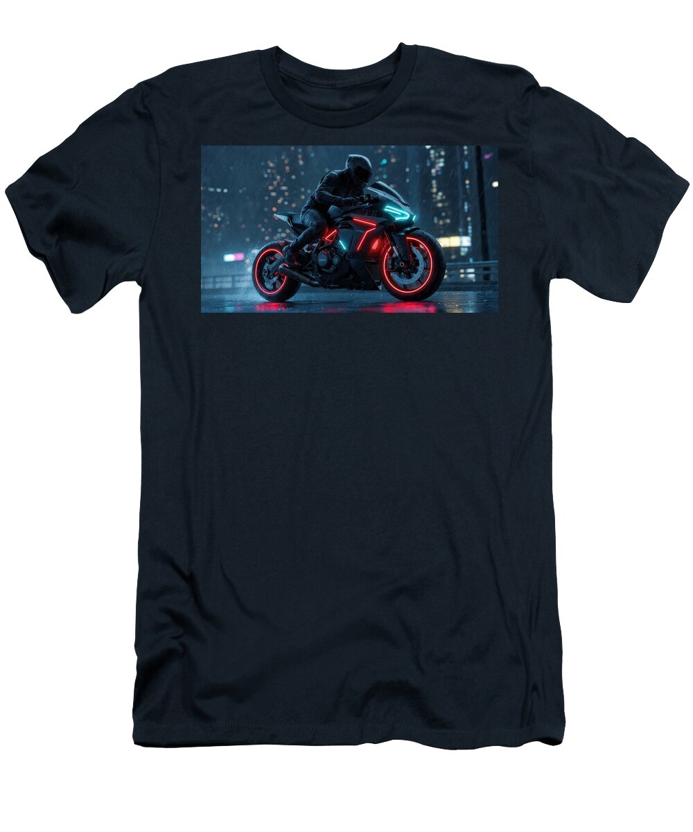 Futuristic Motorcycle in Rainy City the Luxury Art Collection T-Shirt