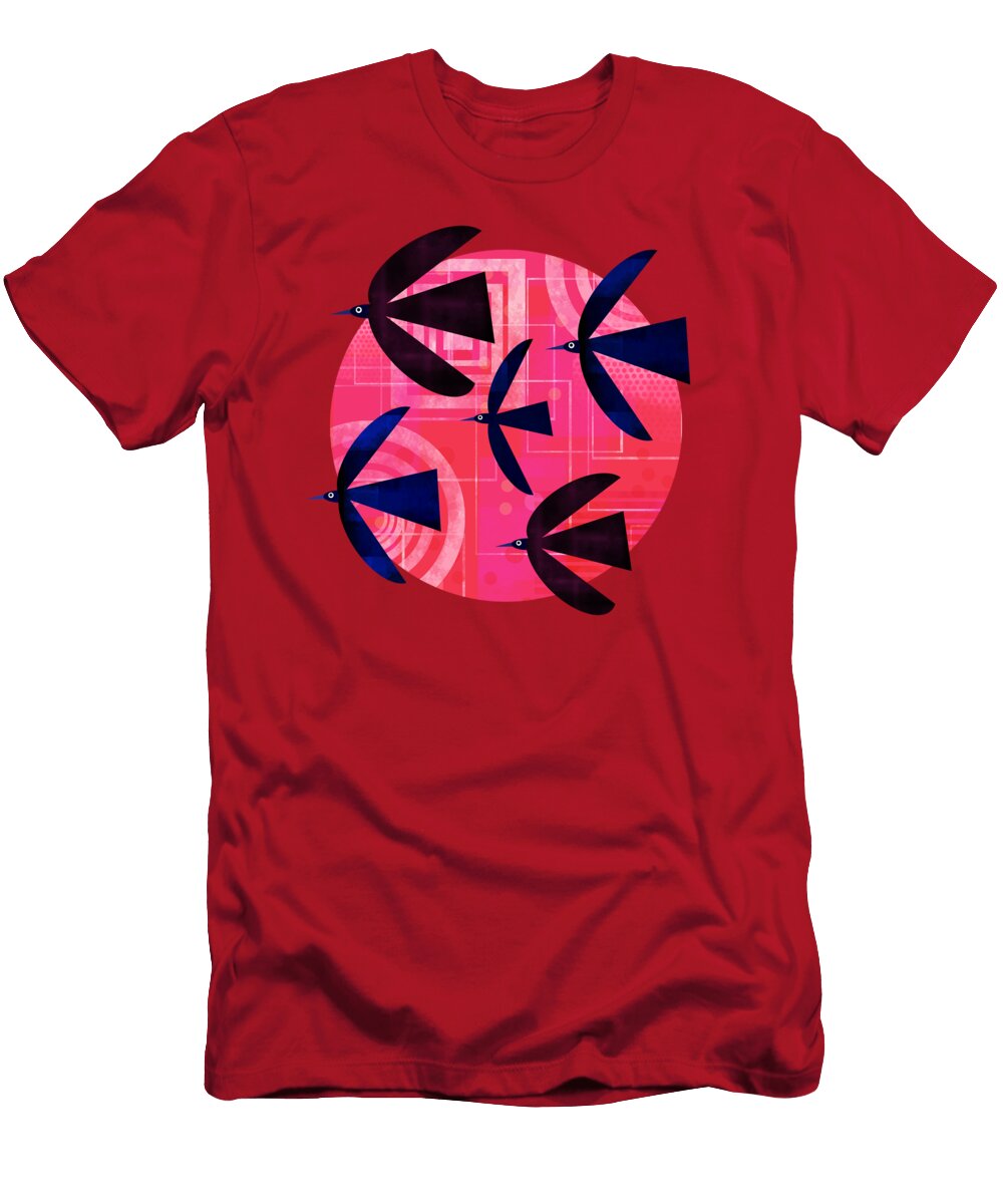 Geometric Birds on Pink Background Andrew Hitchen T-Shirt