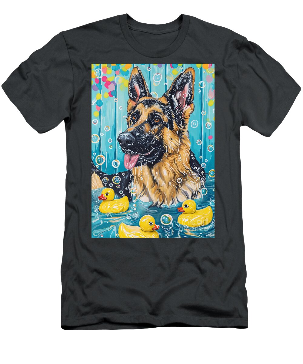 German Shepherd Dog Enjoying a Bubbly Bath Adrien Efren T-Shirt
