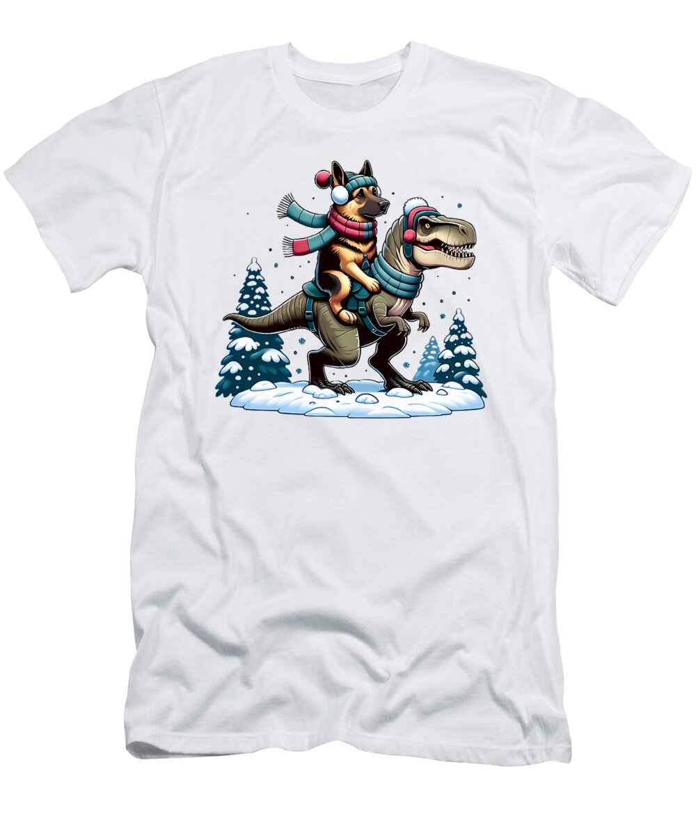 German Shepherd Riding Dinosaur Trex Boys Kids Studi Alex T-Shirt
