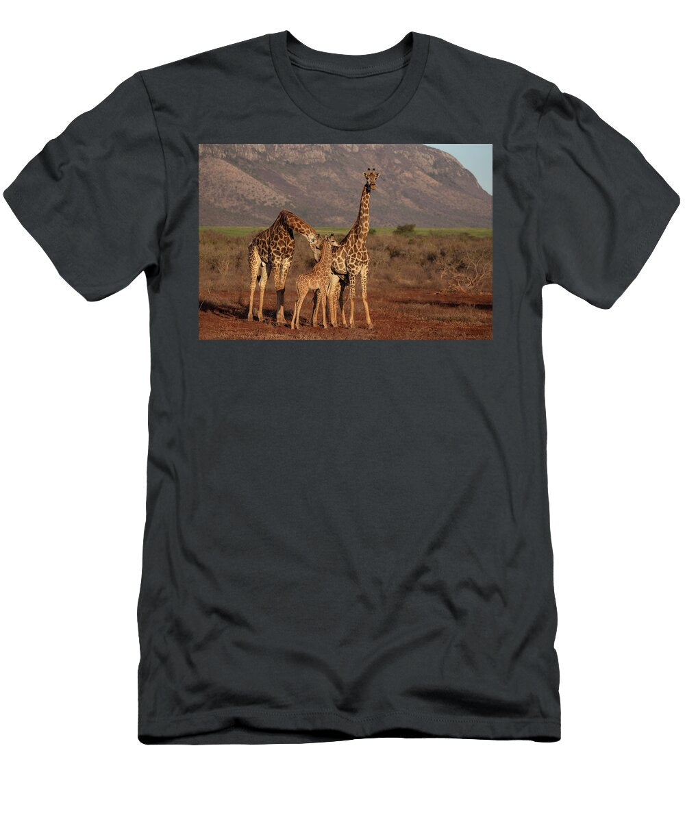 Giraffes Male with Female and Baby Zimanga Game Reserve Ann Steve Toon Natureplcom T-Shirt
