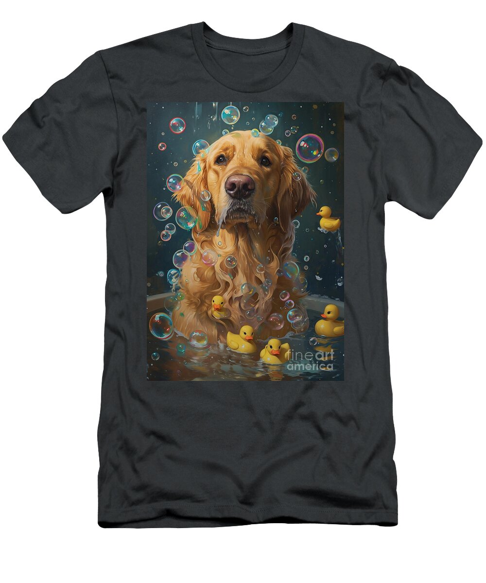 Golden Retriever Dog Frolicking in a Bubbly Bathtub Adrien Efren T-Shirt