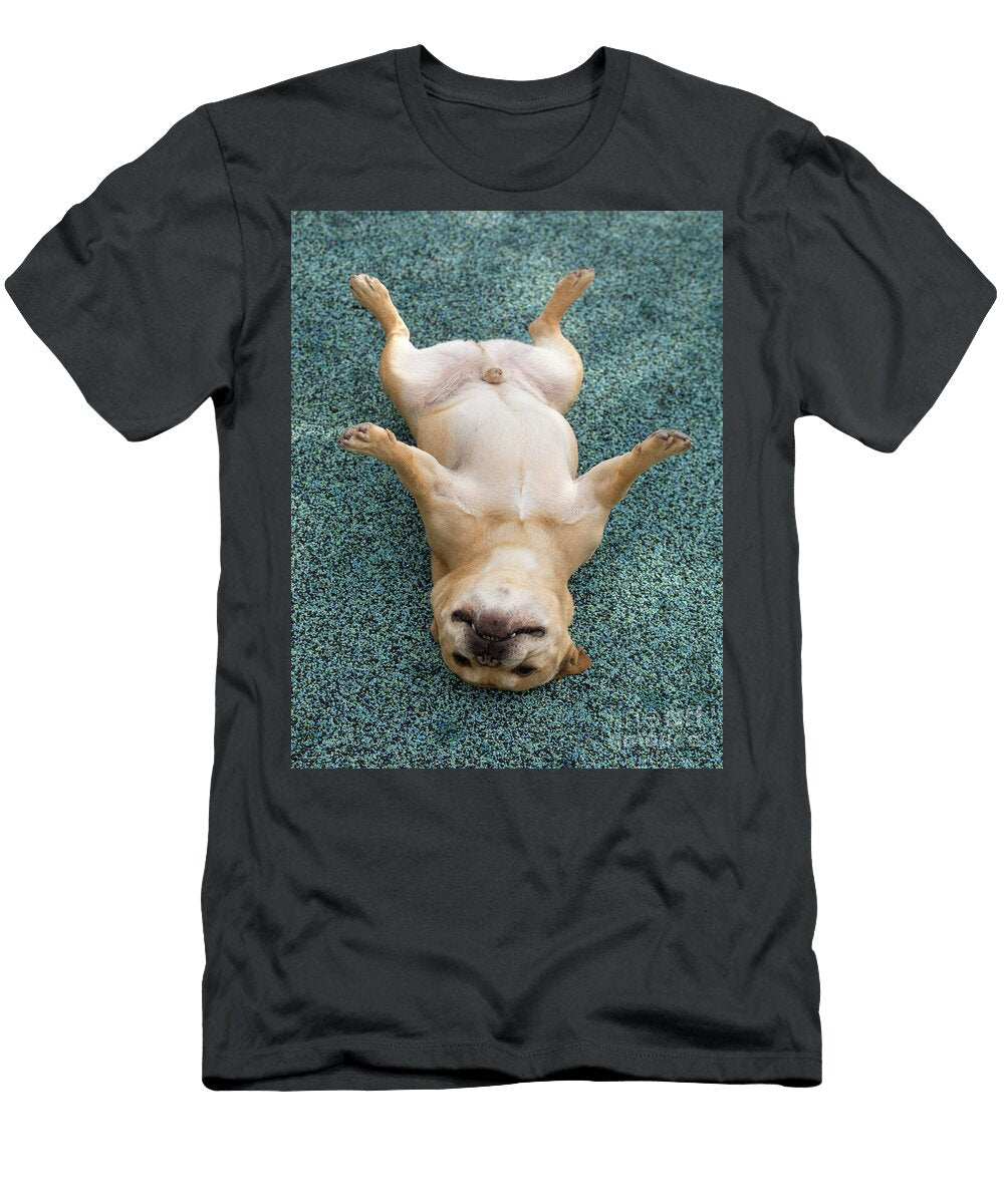 Goofy Frenchie Rolling on Its Back with Playful Posture Yuval Helfman T-Shirt