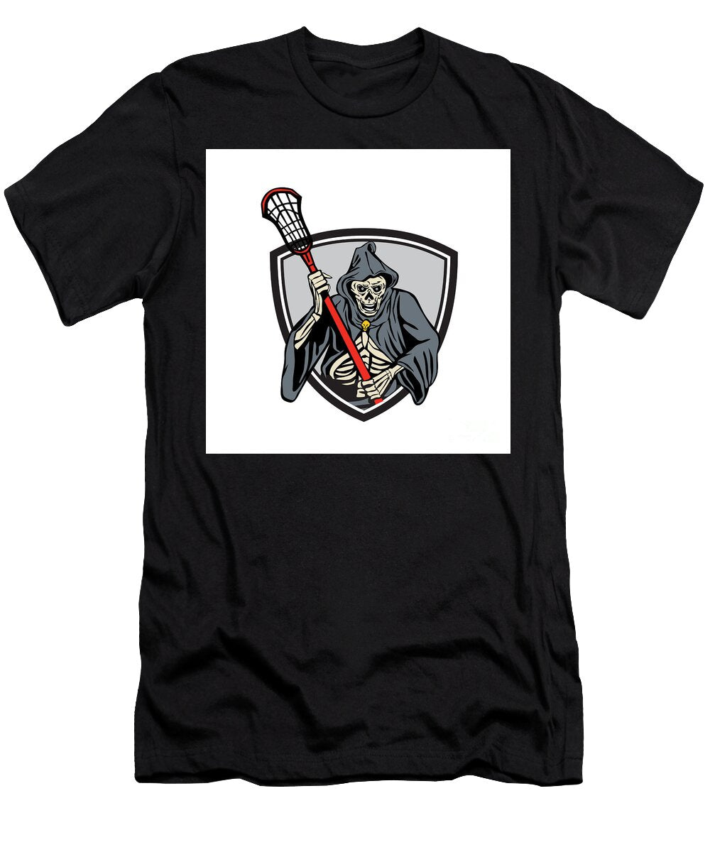 Grim Reaper Lacrosse Player Crosse Stick Retro Aloysius Patrimonio T-Shirt
